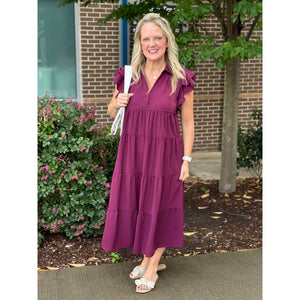 Kendall Split V-Neck Tiered Midi Dress - Plum