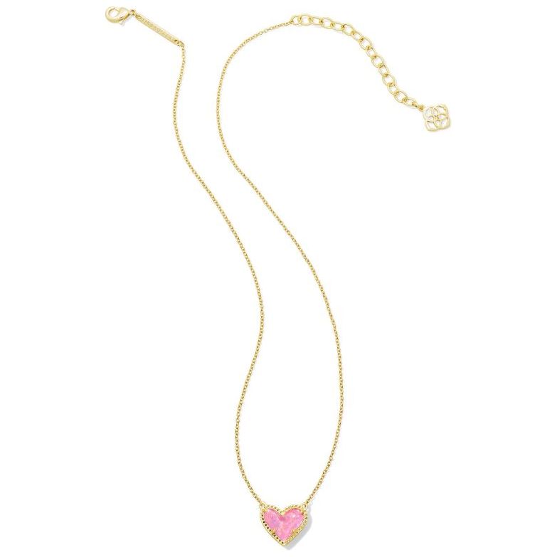 Kendra Scott Ari Heart Short Pendant Necklace Gold Pink Iridescent Glitter Glass