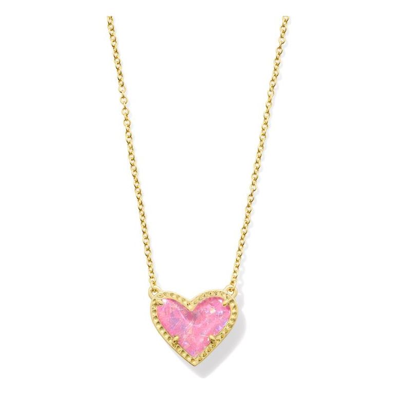 Kendra Scott Ari Heart Short Pendant Necklace Gold Pink Iridescent Glitter Glass