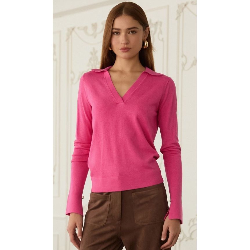 Alyssa Long Sleeve Polo Knit Top - Hot Pink
