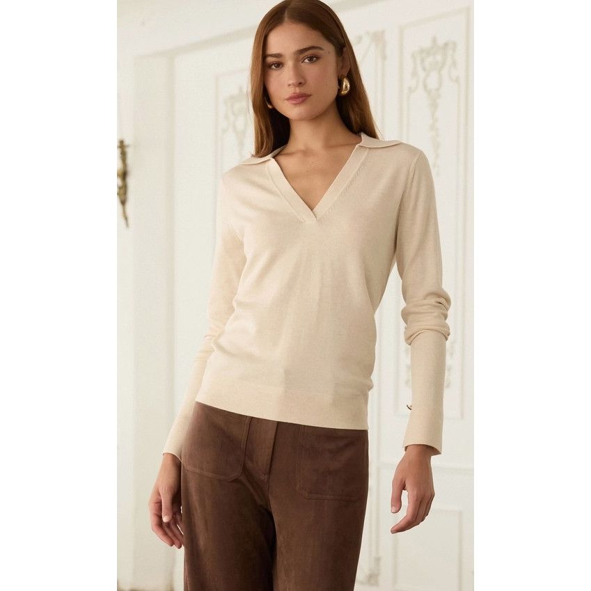 Alyssa Long Sleeve Polo Knit Top - Ivory