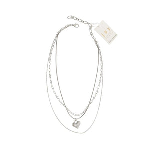 Layered Chain Heart Necklace - Matte Silver