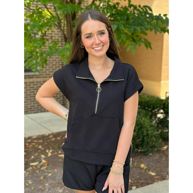 Lindy Ribbed Short Sleeve Half Zip Top - Black