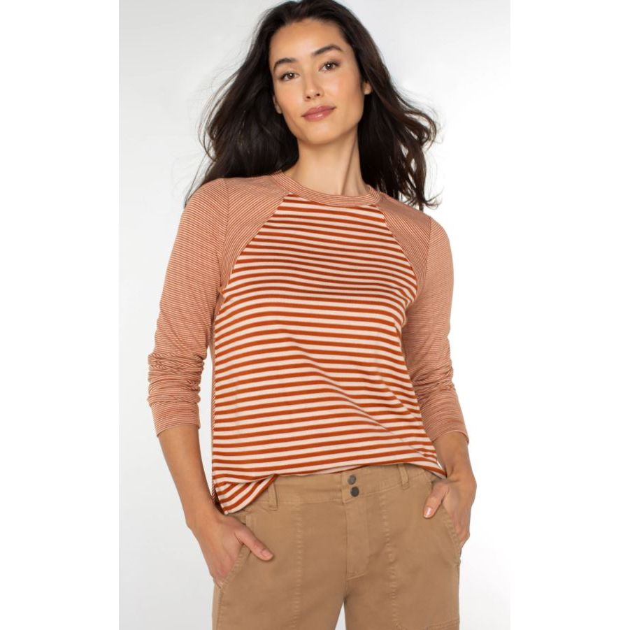 Liverpool Long Sleeve Crew Neck Knit Top With Seaming - Ginger Spice/Cream Stripe