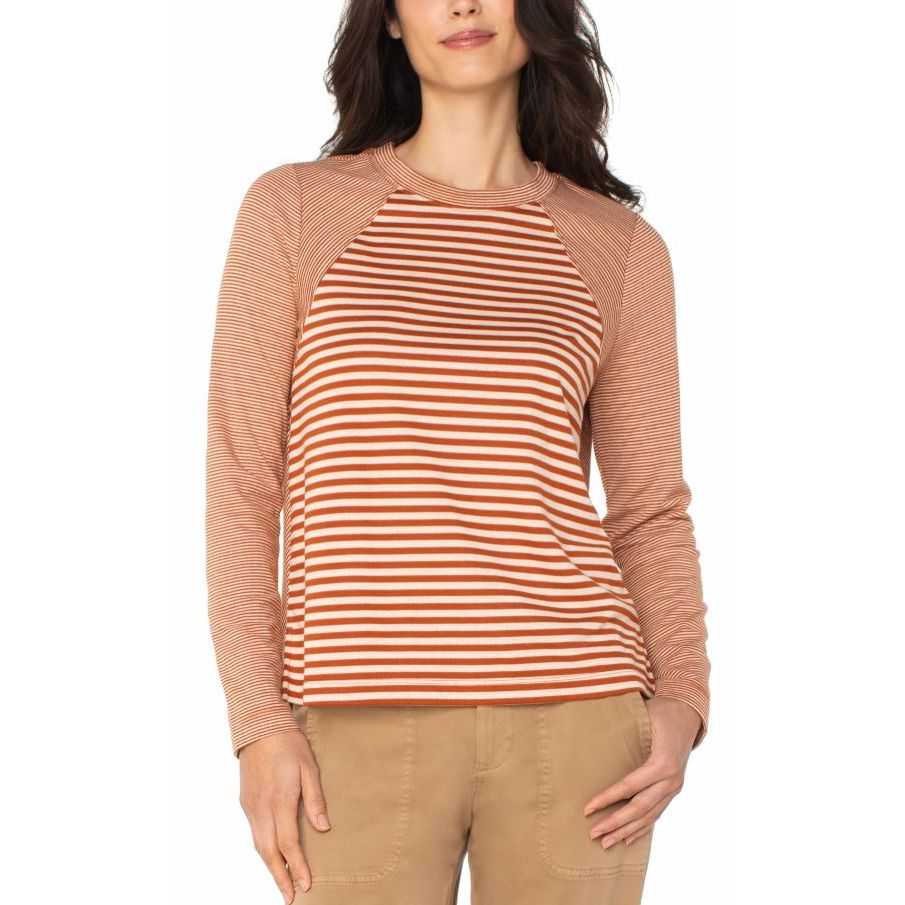 Liverpool Long Sleeve Crew Neck Knit Top With Seaming - Ginger Spice/Cream Stripe