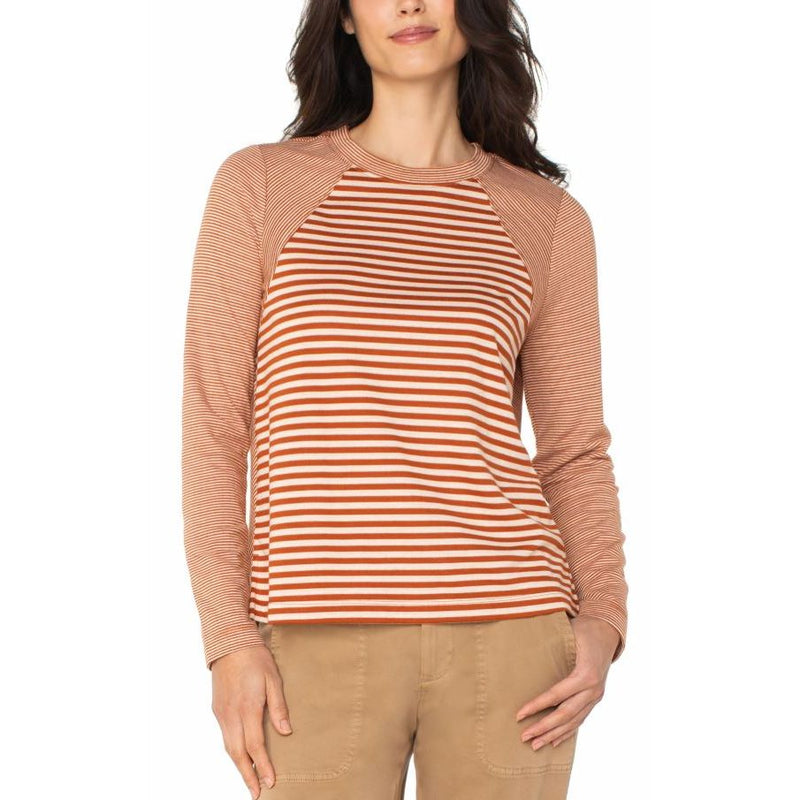 Liverpool Long Sleeve Crew Neck Knit Top With Seaming - Ginger Spice/Cream Stripe