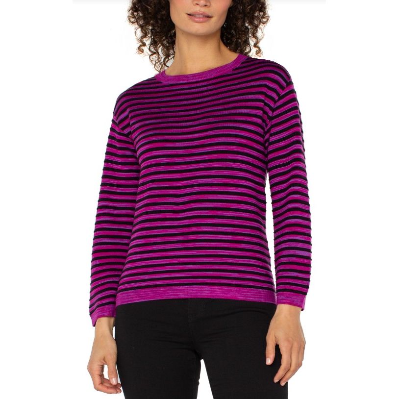 Liverpool Los Angeles Long Sleeve Boxy Boat Neck Sweater - Fuchsia Spacedye Stripe