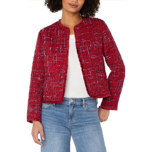 Liverpool Los Angeles Collarless Jacket with Frayed Edges - Red Multi Boucie