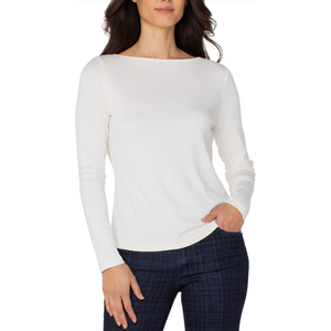 Liverpool Long Sleeve Boat Neck Knit Top - Washed Cream