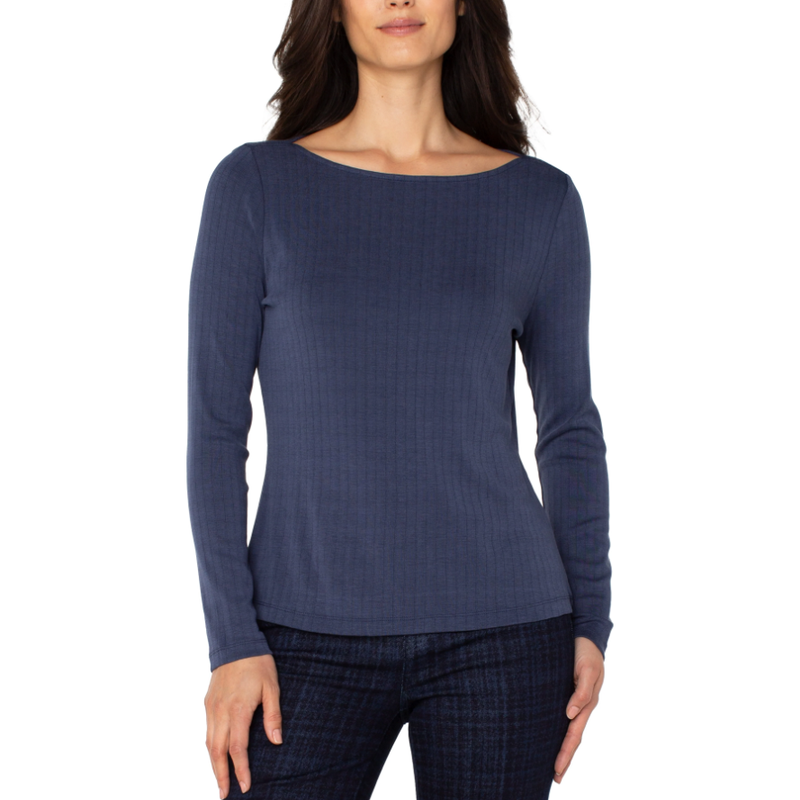 Liverpool Long Sleeve Boat Neck Knit Top - Washed Navy