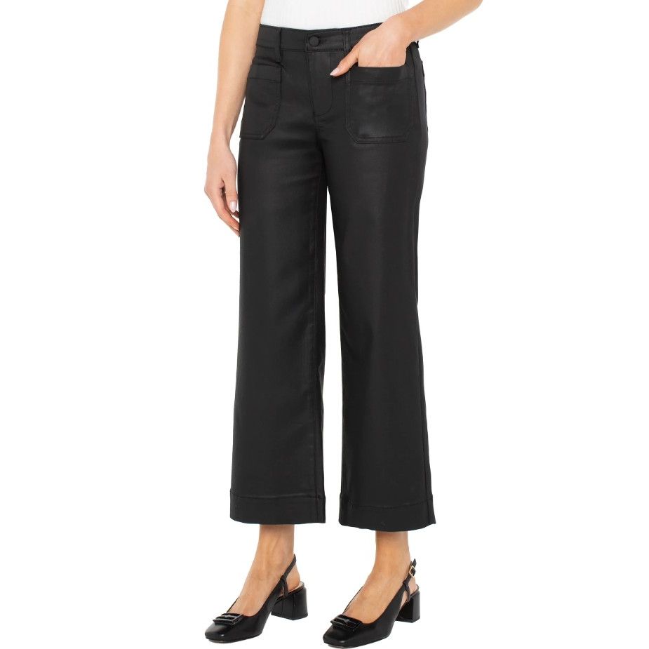 Liverpool Crop Wide Leg with Patch Pockets Pants - Black Coated