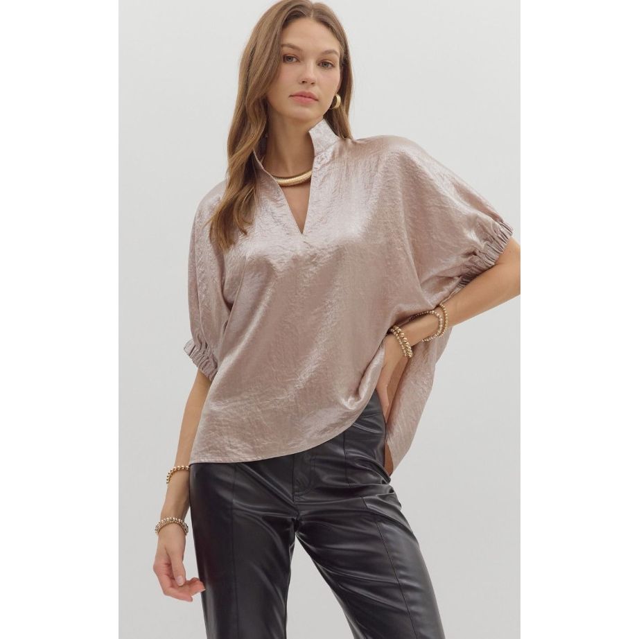 Elizabeth Metallic V-Neck Dolman Sleeve Blouse - Champagne