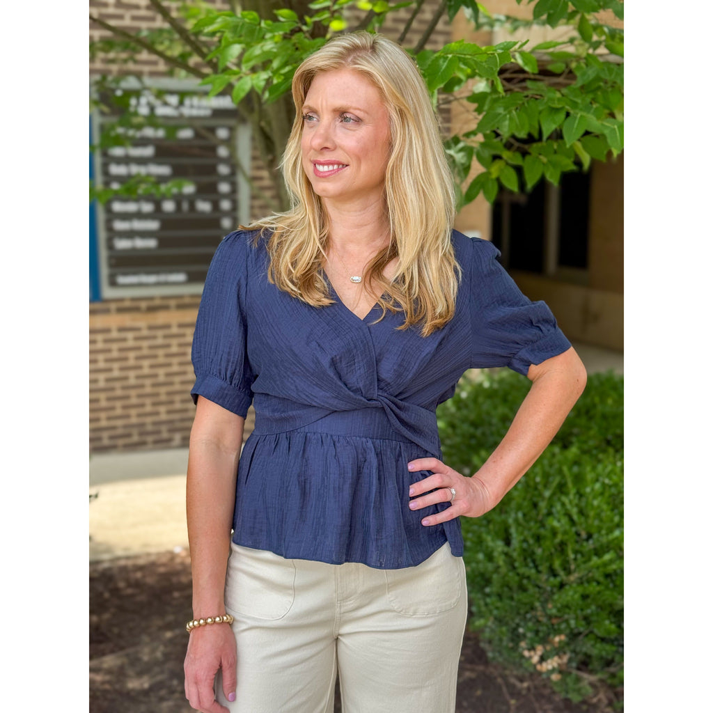 Alexandra Twist Front Peplum Blouse - Navy