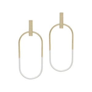 Oval Half Color Bar Post Earrings - Gold/White