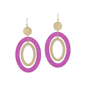 Oval Shape Wood & Metal Post Earrings - Gold/Fuchsia