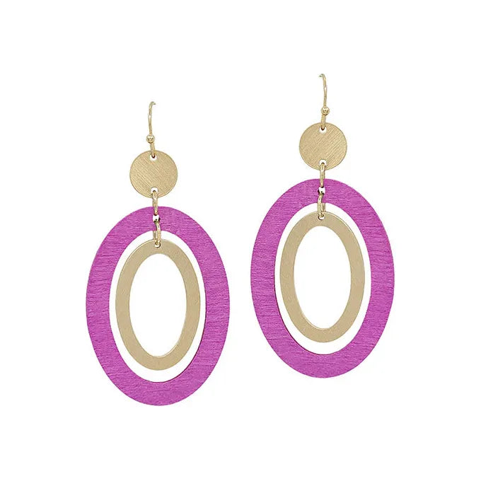 Oval Shape Wood & Metal Post Earrings - Gold/Fuchsia