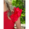 Paige Ribbed Knit Top with Poplin Ruffle Sleeve - Cherry Red