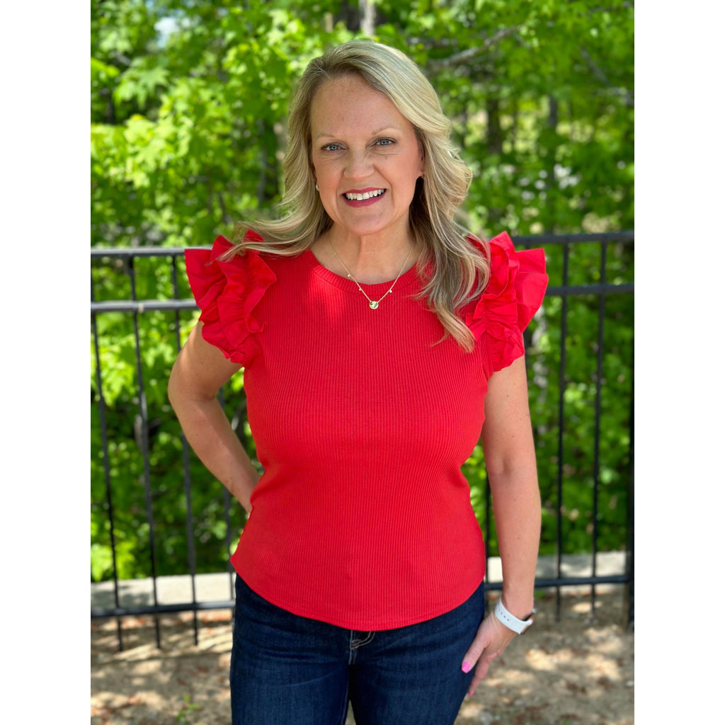 Paige Ribbed Knit Top with Poplin Ruffle Sleeve - Cherry Red