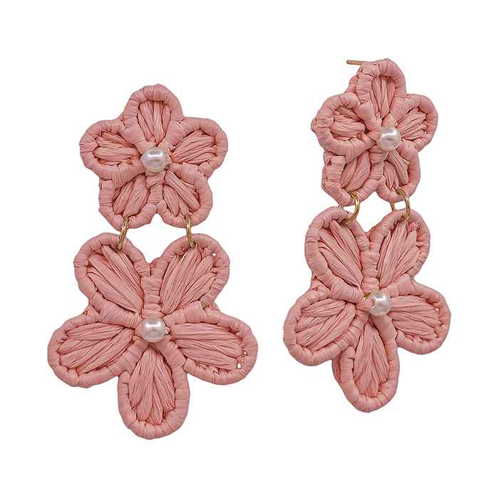 Double Flower Paper Wrapped w/ Pearl Accent Drop Earrings - Peach