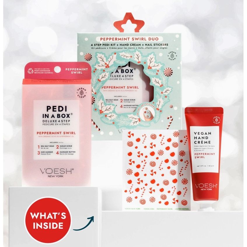 Peppermint Swirl Duo - 4 Step Pedi Kit + Hand Cream + Nail Stickers