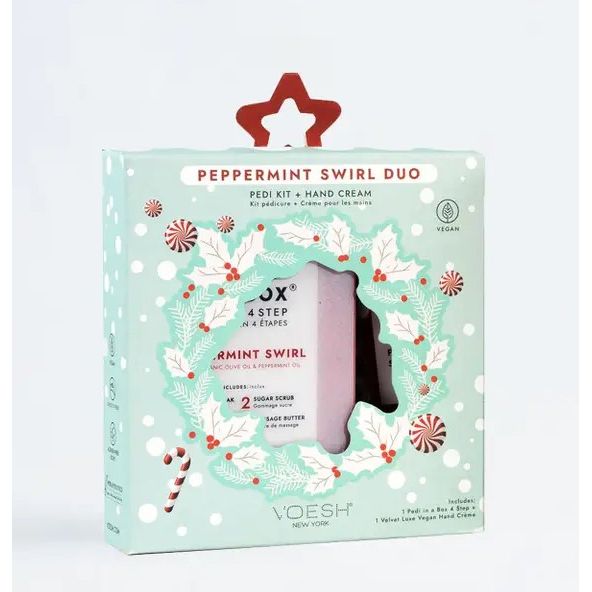 Peppermint Swirl Duo - 4 Step Pedi Kit + Hand Cream + Nail Stickers