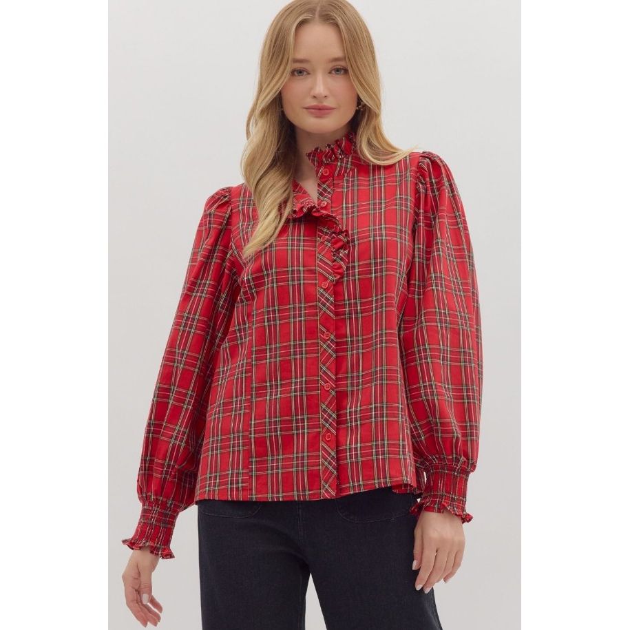 Krystal Plaid Button Front with Ruffle Accent Blouse - Red
