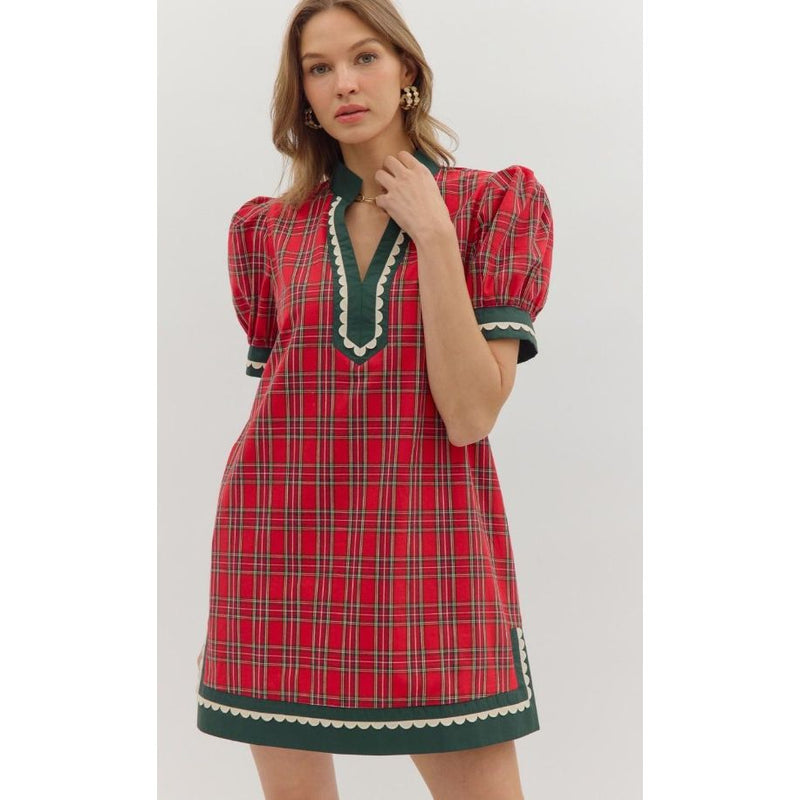 Cara Plaid Pattern Short Puff Sleeve Mini Dress - Red