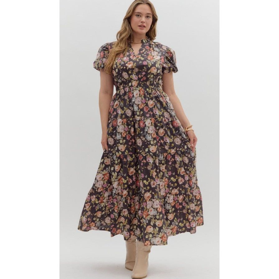 Haven Plus Floral Print Midi Dress - Chocolate