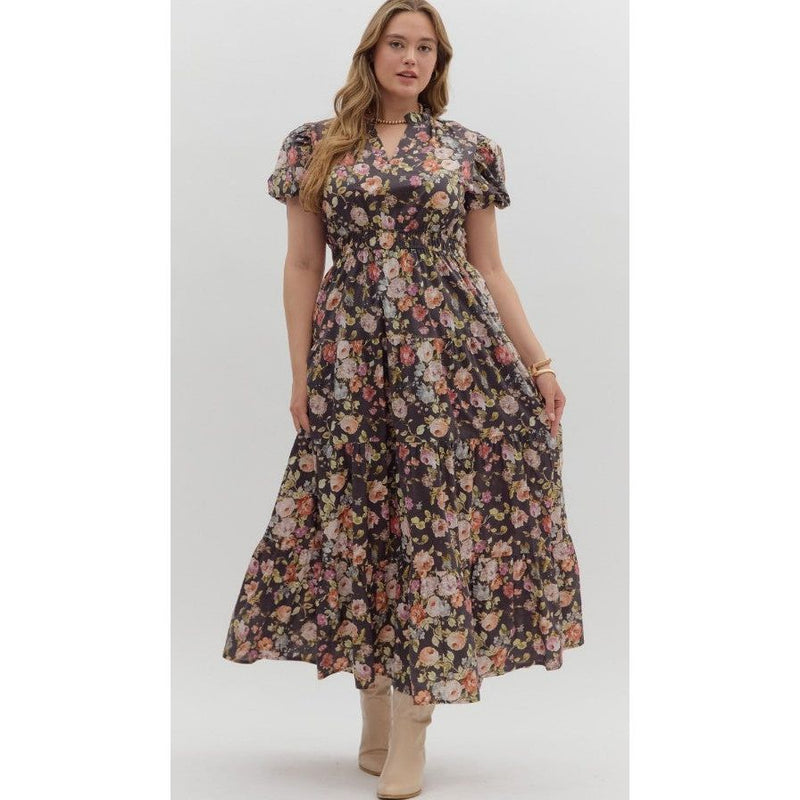 Haven Plus Floral Print Midi Dress - Chocolate