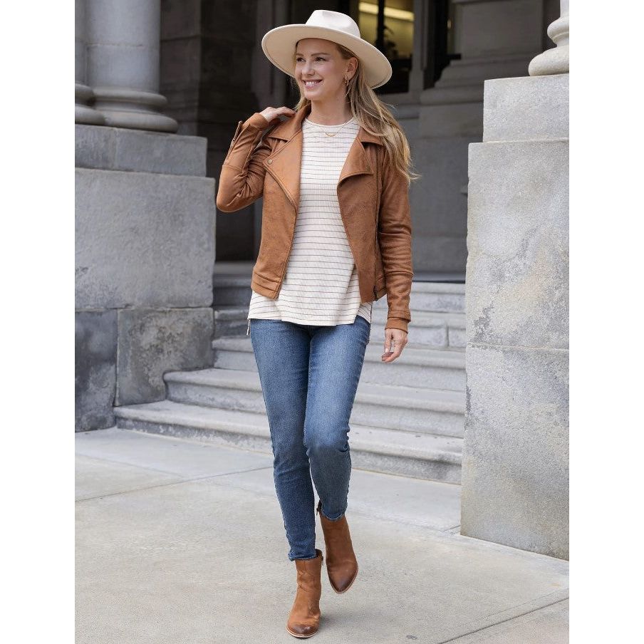 Grace and Lace Move Free Leather Like Moto Jacket - Camel