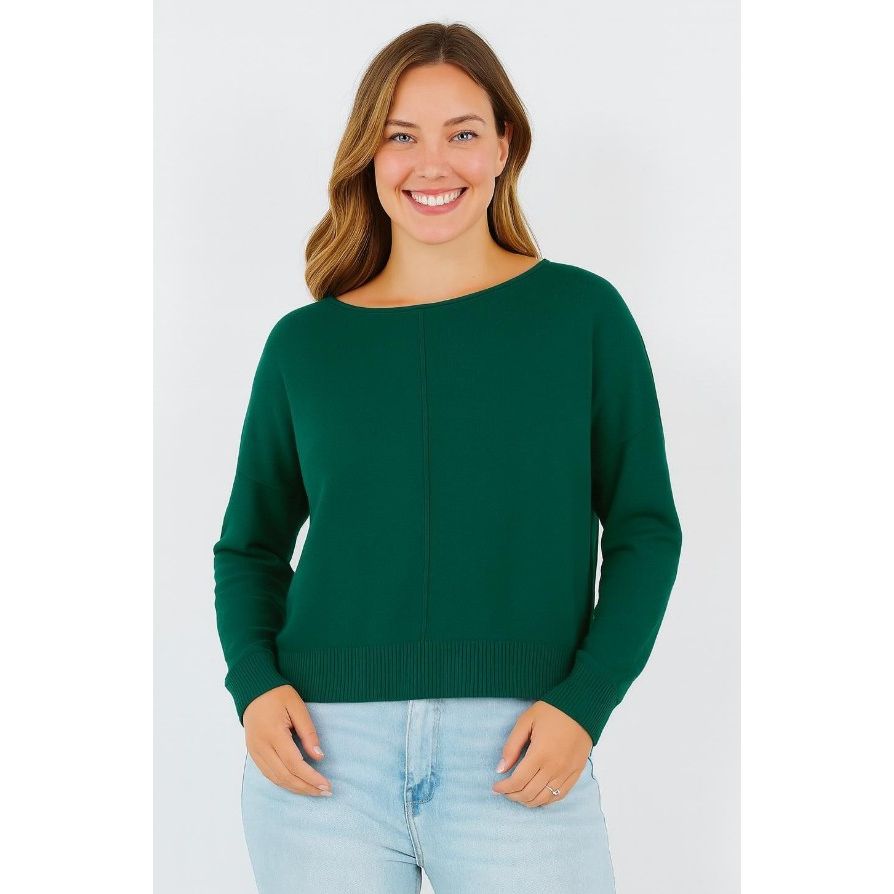 Roxie Round Neck Seam Front Sweater - Hunter Green