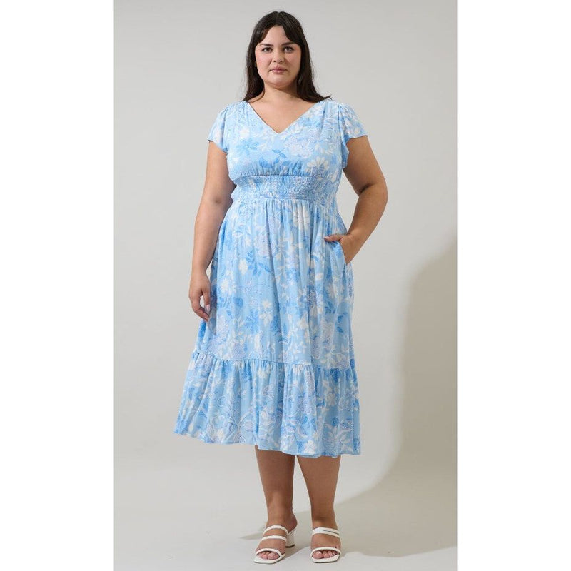Seraphina Plus Floral Smocked Maxi Dress - White/Blue/Multi