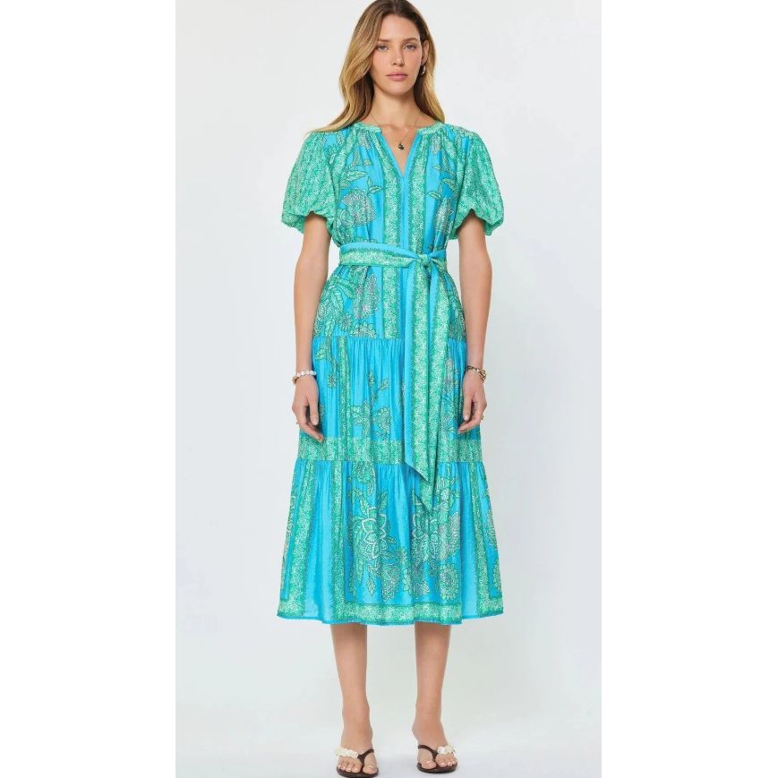 Ciara Short Puff Sleeve Botanical Print Midi Dress With Tiered Skirt