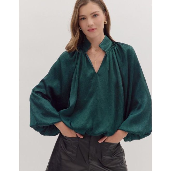 Tina V Neck Textured Long Sleeve Blouse - Hunter Green