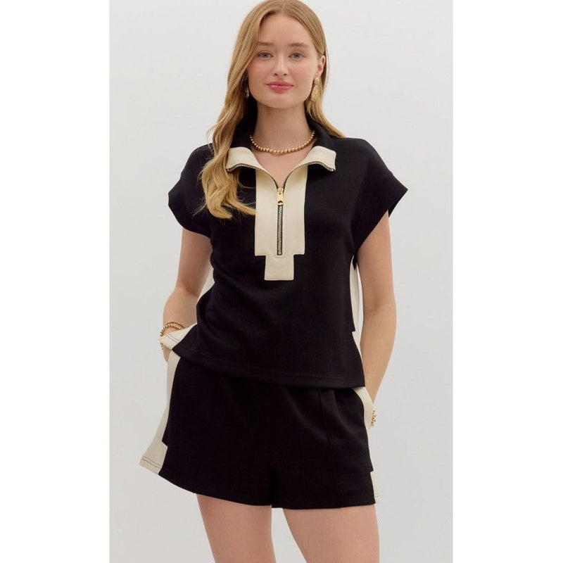 Graham Zip Front Pullover Knit Top - Black