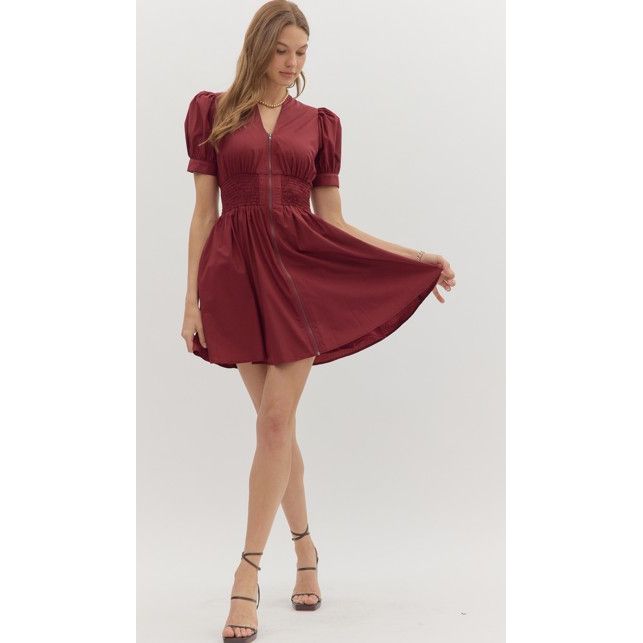 Betsy Solid Short Puff Sleeve Zip Front Mini Dress - Burgundy