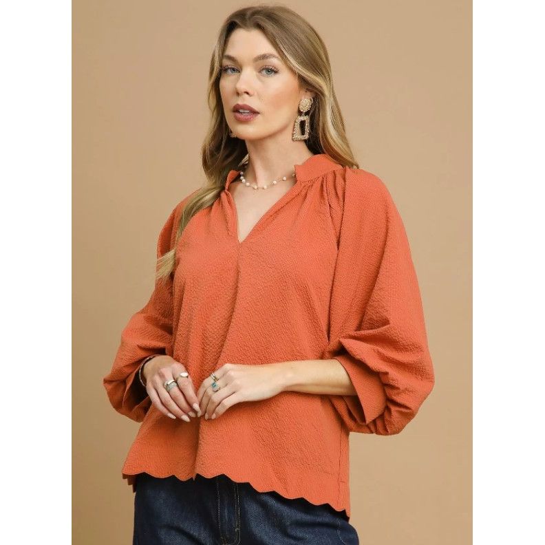 Gina Split V-Neck Textured Top - Rust