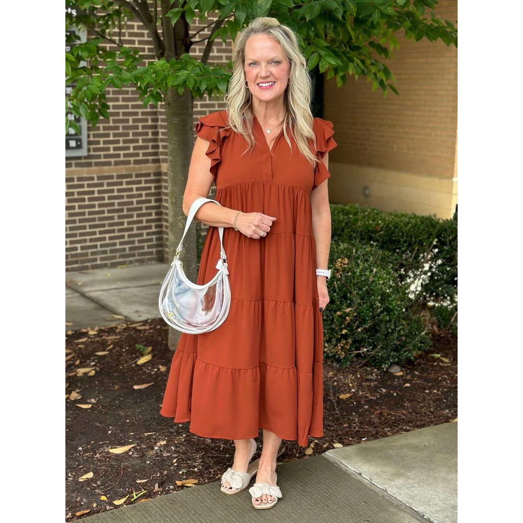 Kendall Split V-Neck Tiered Midi Dress - Cinnamon