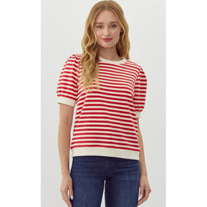 Molly Striped Short Puff Sleeve Top - Red/Cream