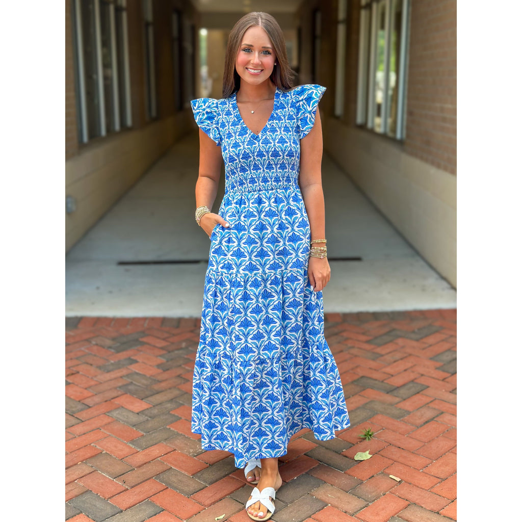 Elyse Sunfire Ruffle Sleeve Tiered Dress - Blue