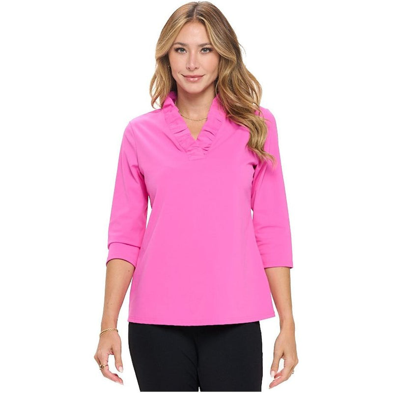 Tabatha Ruffle V Neck Top - Hot Pink