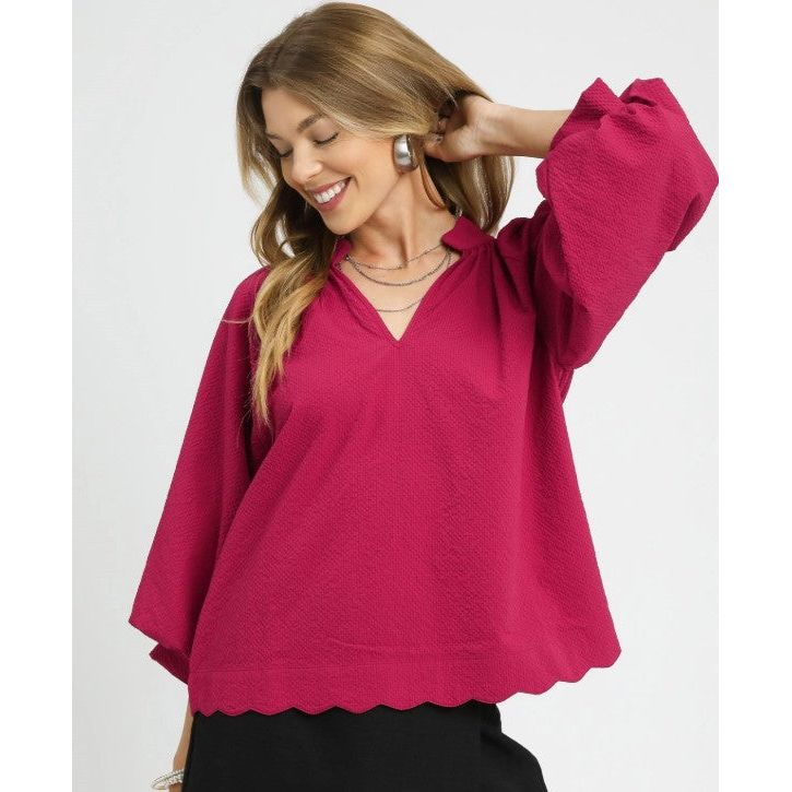 Gina Split V-Neck Textured Top - Crimson