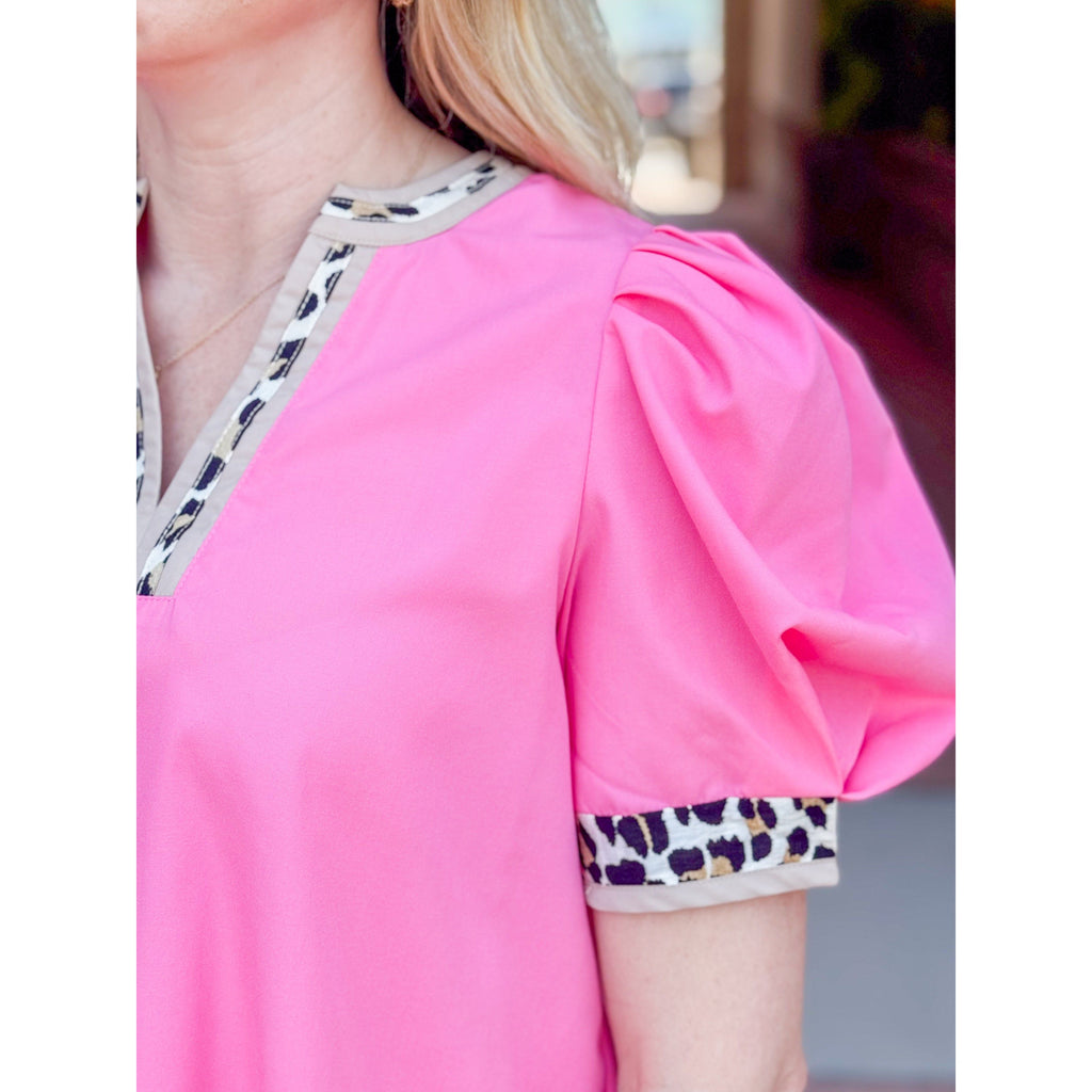 Angela V-neck Top with Leopard Print Accents - Pink