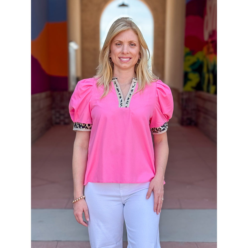 Angela V-neck Top with Leopard Print Accents - Pink