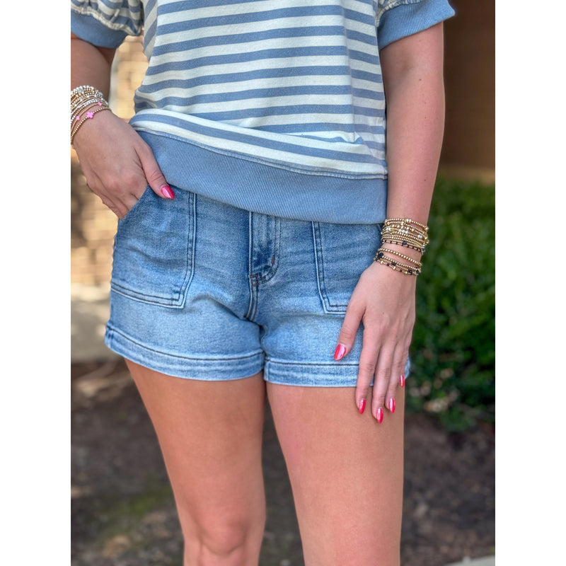 Vervet Rebecca High Rise Patch Pocket Denim Shorts - Powder Puff