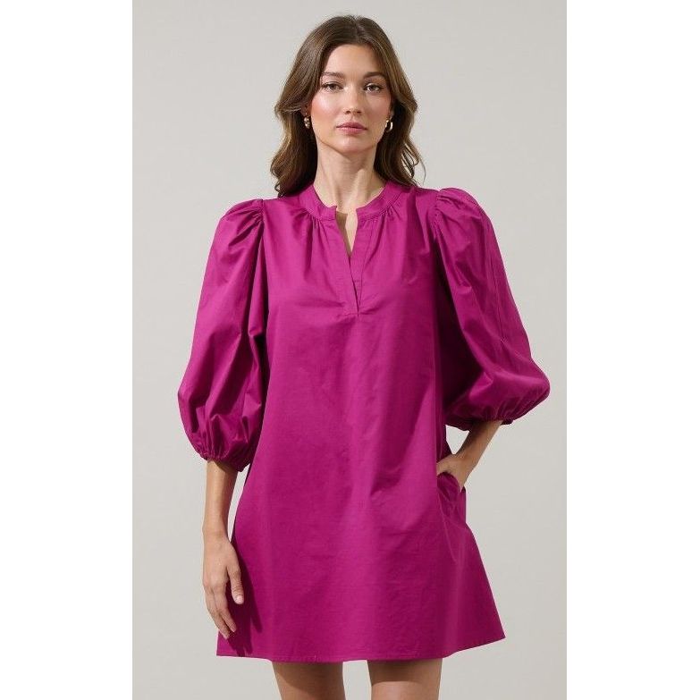 Victoria Shift Split V-Neck Mini Dress - Magenta