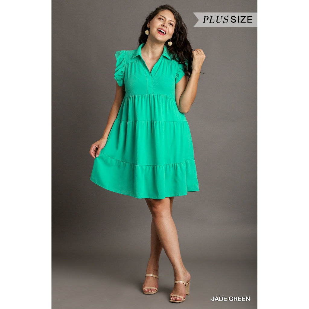 Everly Plus Tiered Flutter Sleeve Dress - Jade Green