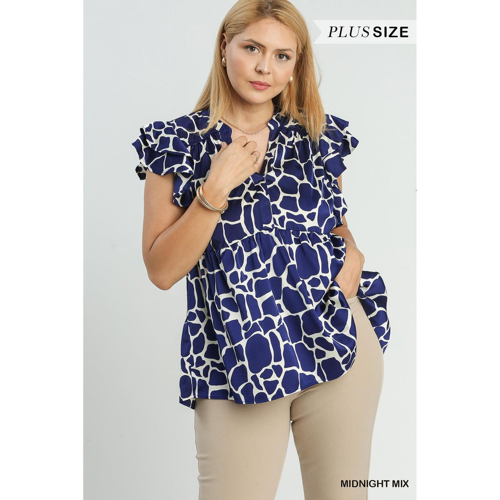 Glynis Plus Two-Tone Animal Print Short Ruffle Sleeve Blouse - Midnight Mix - FINAL SALE