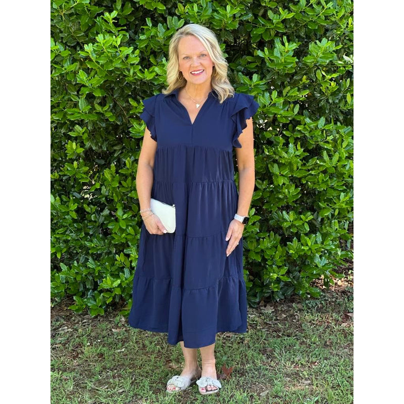 Kendall Split V-Neck Tiered Midi Dress - Navy