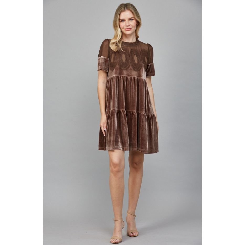 Alexandra Sheer Panel Lace Detail Velvet Dress - Chocolate Brown
